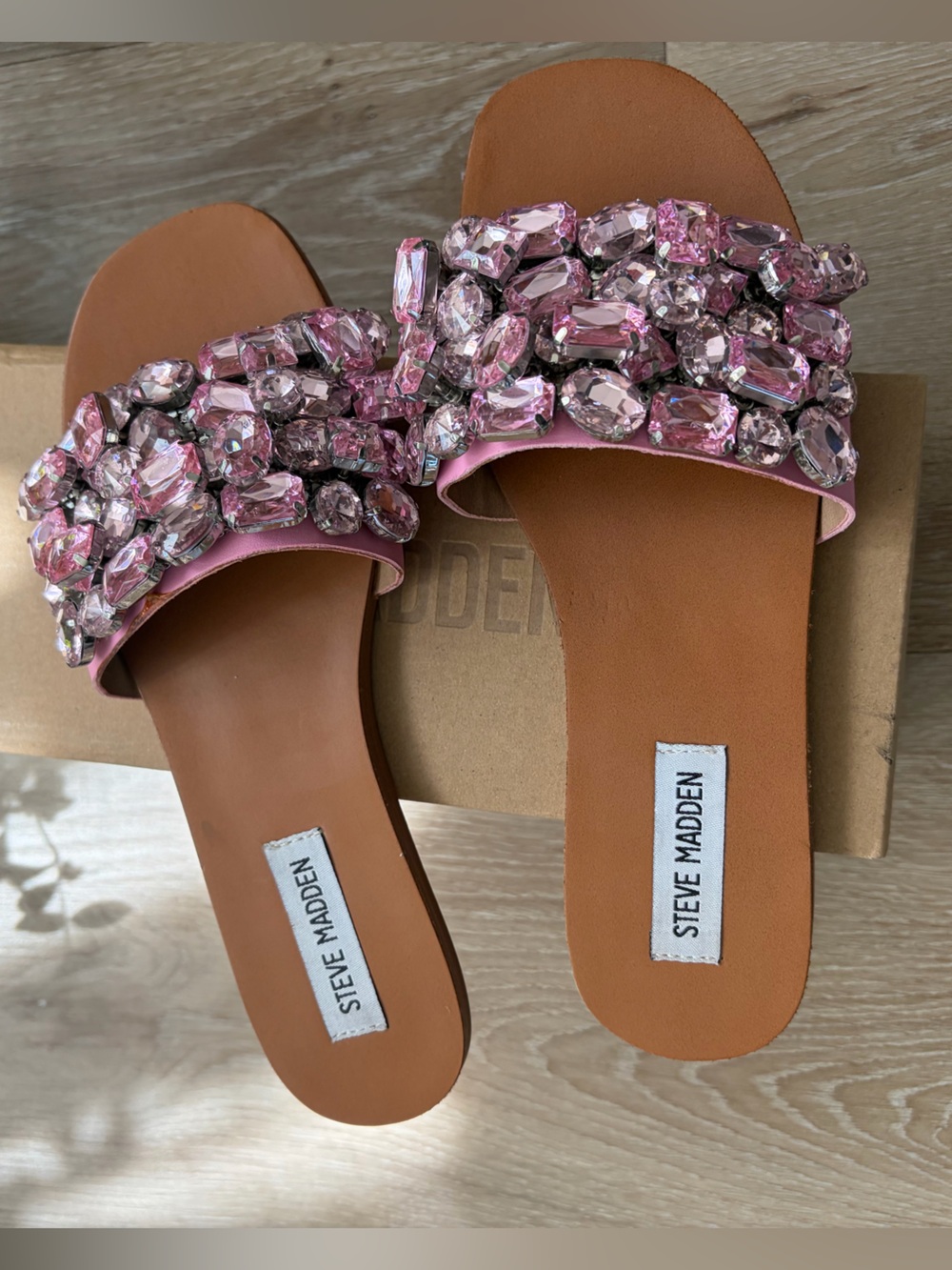 Steve Madden Brionna Jeweled Slide Sandals Pink Rhinestone Flat Sz 6.5